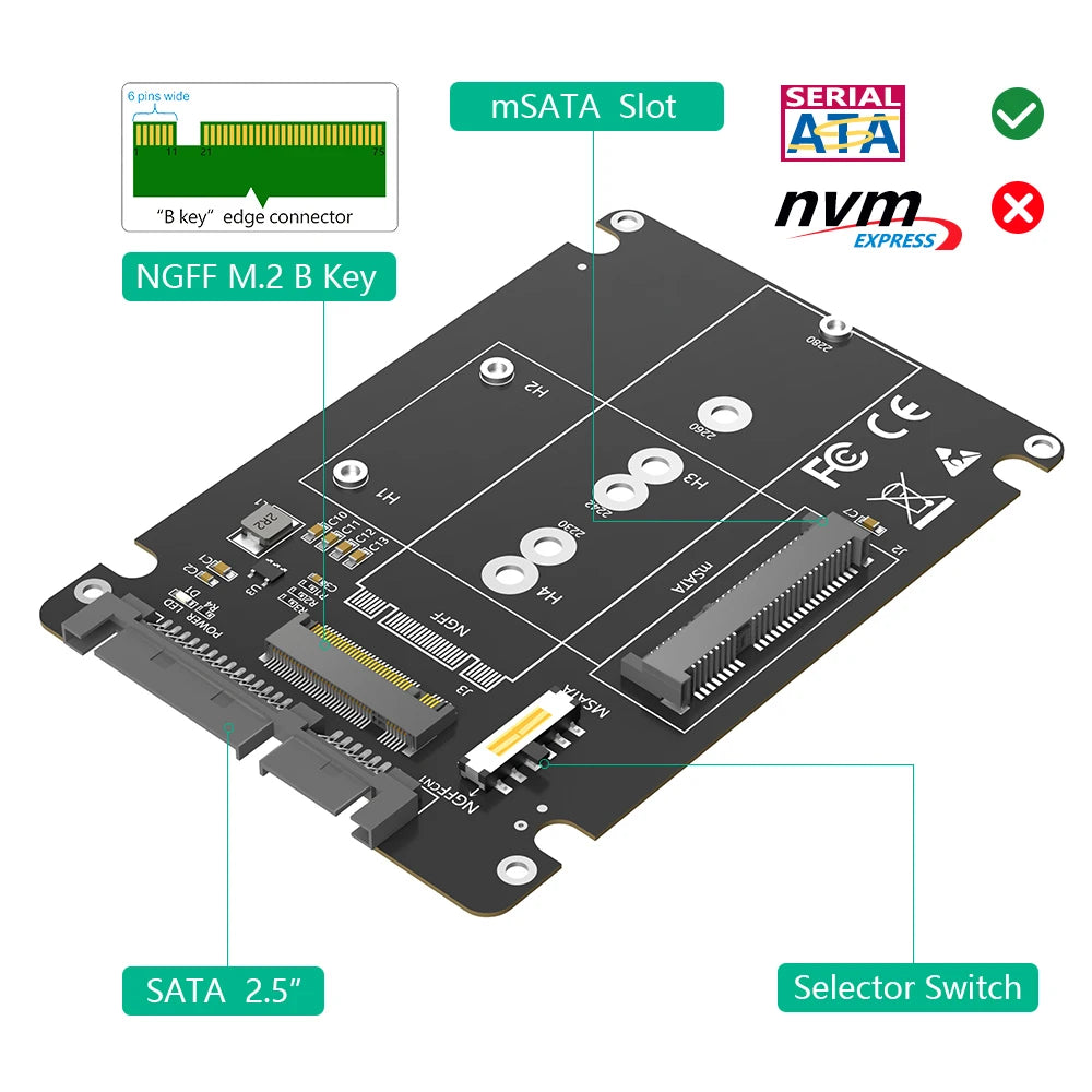 High Speed SATA Convertor HDD Enclosure 2 in 1 M.2 NGFF/MSATA to SATA Adapter Card Support 30/42/60/80mm SSD