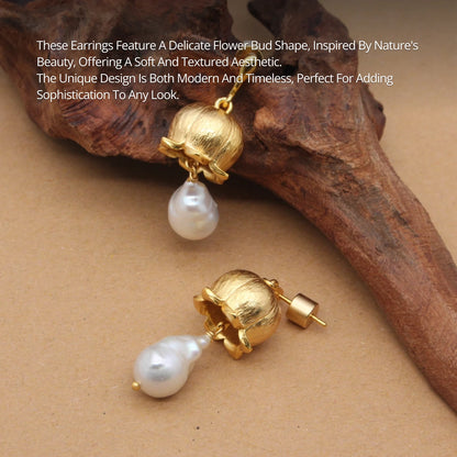 YAJUNIEL Flower Bud Earrings with Natural Baroque Pearl 24K Gold Plated Brushed Finish Drop Earrings for Women Jewelry Gift