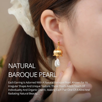 YAJUNIEL Flower Bud Earrings with Natural Baroque Pearl 24K Gold Plated Brushed Finish Drop Earrings for Women Jewelry Gift