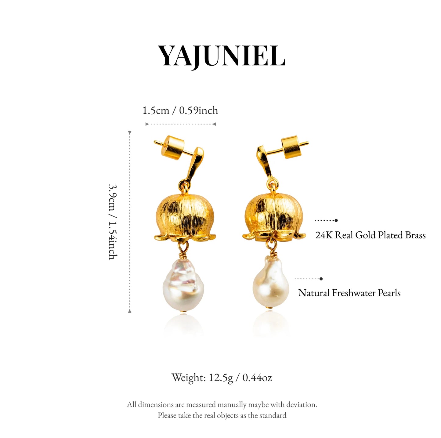 YAJUNIEL Flower Bud Earrings with Natural Baroque Pearl 24K Gold Plated Brushed Finish Drop Earrings for Women Jewelry Gift
