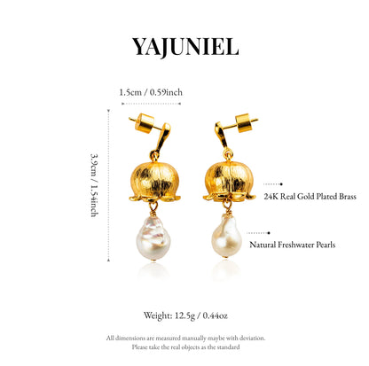 YAJUNIEL Flower Bud Earrings with Natural Baroque Pearl 24K Gold Plated Brushed Finish Drop Earrings for Women Jewelry Gift