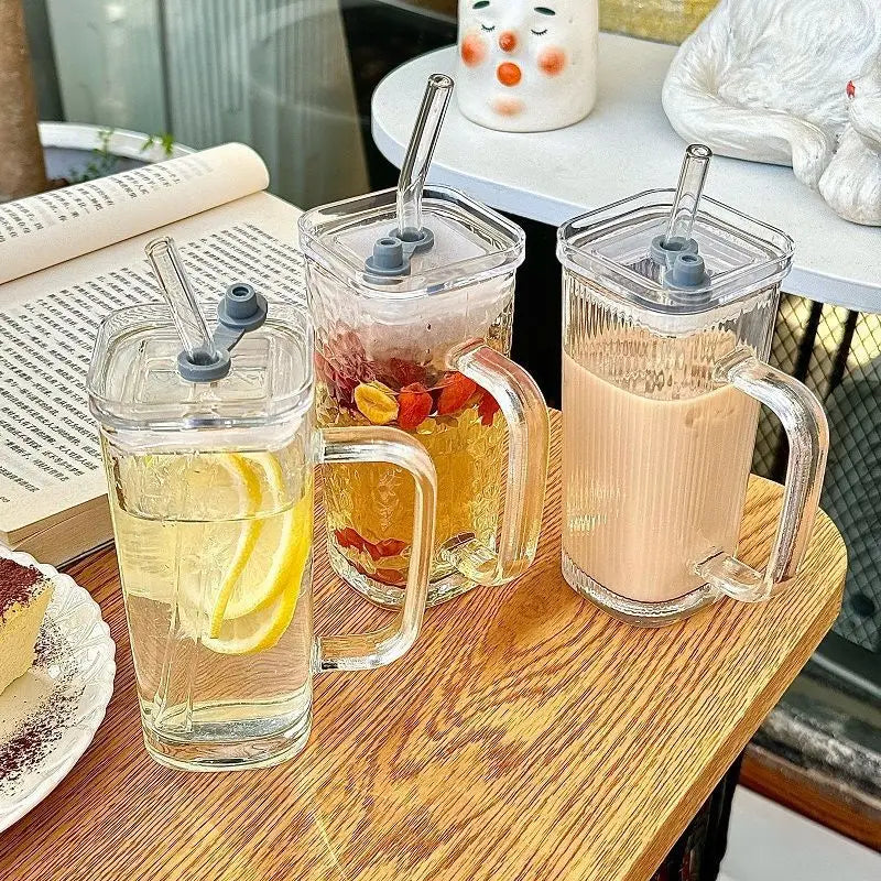 250ML transparent ins with handle glass cup stylish women's summer juice drink cup  striped with lid straw cup