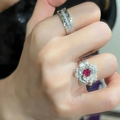 Gorgeous and luxurious palace style jewellery set light luxury retro rose flower heart-shaped ruby ring full diamond bracelet