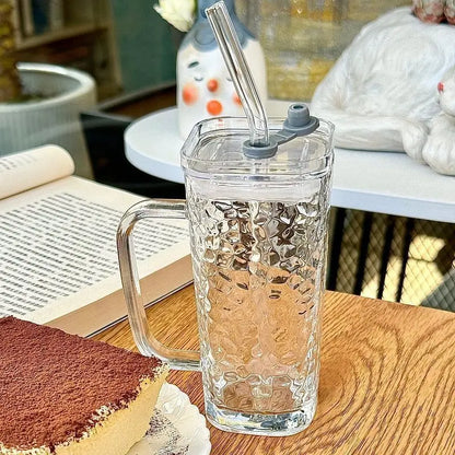 250ML transparent ins with handle glass cup stylish women's summer juice drink cup  striped with lid straw cup