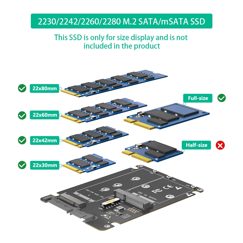High Speed SATA Convertor  HDD Enclosure 2 in 1 M.2 NGFF/MSATA to SATA Adapter Card Support 30/42/60/80mm SSD