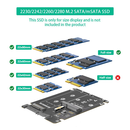High Speed SATA Convertor  HDD Enclosure 2 in 1 M.2 NGFF/MSATA to SATA Adapter Card Support 30/42/60/80mm SSD