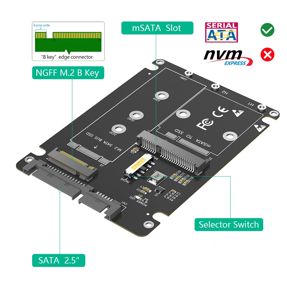 High Speed SATA Convertor  HDD Enclosure 2 in 1 M.2 NGFF/MSATA to SATA Adapter Card Support 30/42/60/80mm SSD