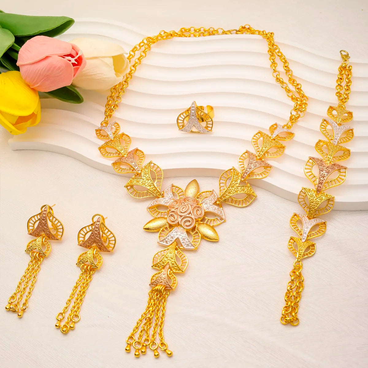 Liffly Nigerian Jewelery Sets Wedding Jewelry For Women Dubai 24K Gold Color Jewlery African Designer Earrings Bridal Necklace