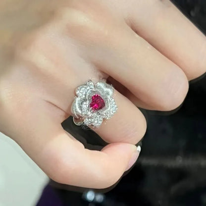 Gorgeous and luxurious palace style jewellery set light luxury retro rose flower heart-shaped ruby ring full diamond bracelet
