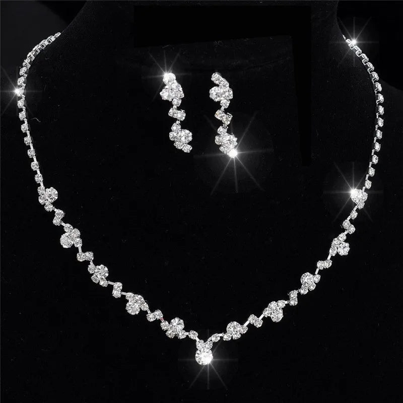 Wedding Bridal Jewelry Jewellery Silver Bridesmaid Crystal Necklace Earrings Set