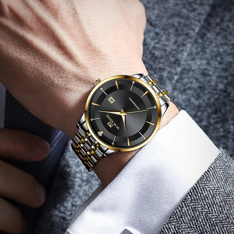 UTHAI Men's Watch Fashion Trend Calendar Waterproof Night Light Business Stainless Steel Strap Quartz Watch Clock Gift