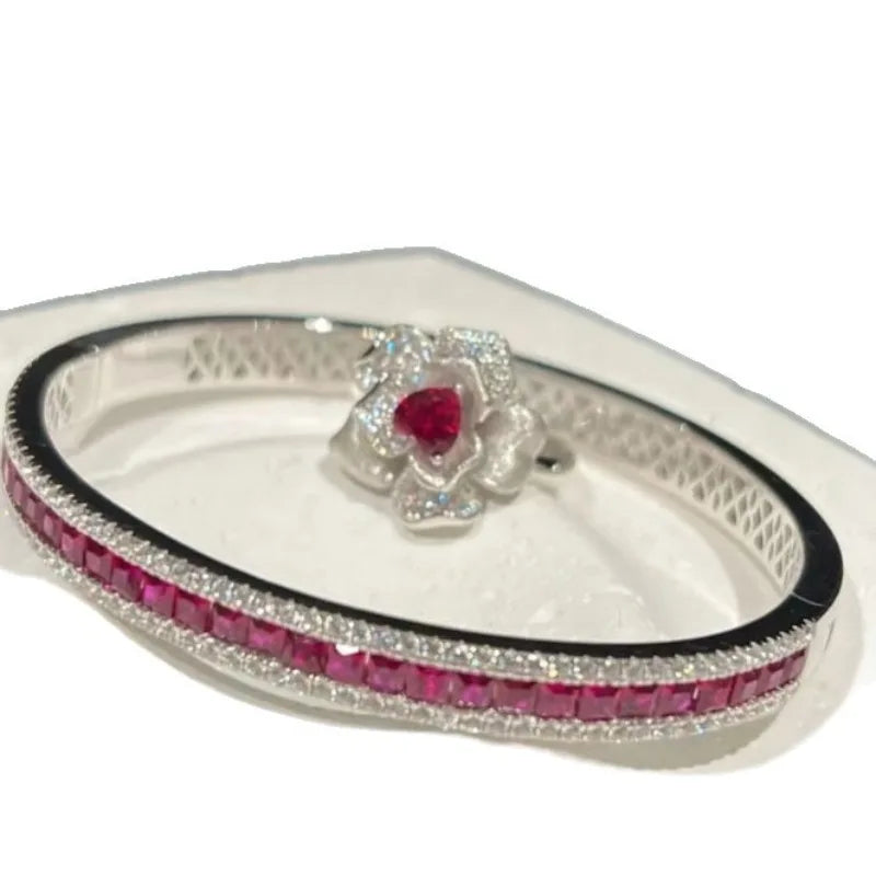 Gorgeous and luxurious palace style jewellery set light luxury retro rose flower heart-shaped ruby ring full diamond bracelet