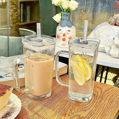 250ML transparent ins with handle glass cup stylish women's summer juice drink cup  striped with lid straw cup
