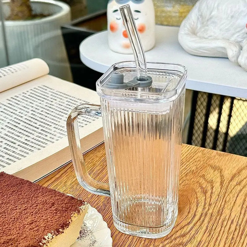 250ML transparent ins with handle glass cup stylish women's summer juice drink cup  striped with lid straw cup