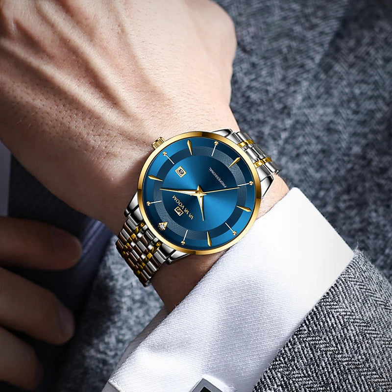 UTHAI Men's Watch Fashion Trend Calendar Waterproof Night Light Business Stainless Steel Strap Quartz Watch Clock Gift