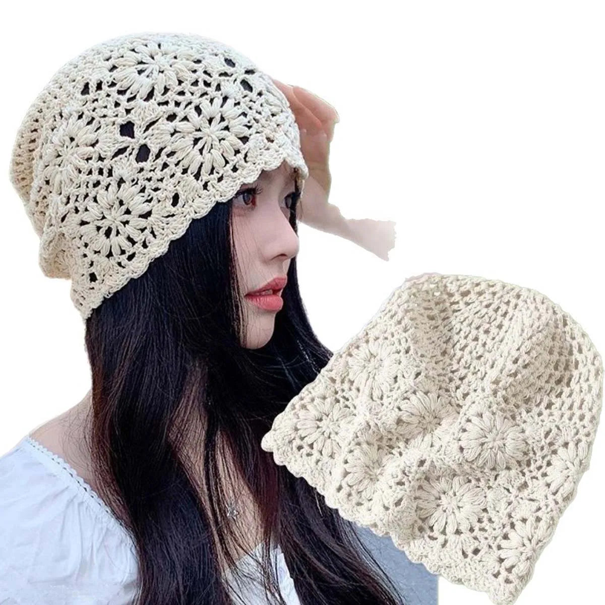 Women's Knitted Hats Japanese Handmade Woven Solid Color Simple Fashionable Sweet Verstaile Hats Hollowed Out Retro Pile Hats